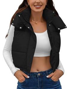 lot 2360 image: Qazel Vorrlon Cropped Puffer Vest Women Hooded Stand Collar Sleeveless Lightweight Zip Winter Warm Coat Outerwear Vests Jacket