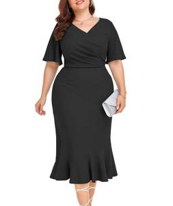 lot 2361 image: LALAGEN Plus Size Dress for Women Modest Short Sleeve Ruched Bodycon Mermaid Cocktail Midi Dresses Black 2X-2