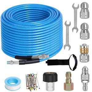 lot 11287 image: 100 FT Sewer Jetter Kit for Pressure Washer, 5800PSI Water Jet Drain Cleaner Hose, 14 Inch NPT Corner with 4 Sewer Jetting Nozzles, Pearl Corsage Pin, Waterproof Tape, Handle Strap&2 Spanner (Blue)