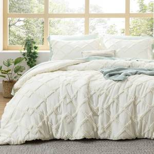 lot 11289 image: Bedsure Boho Comforter Set King - Ivory Tufted King Size Comforter, 3 Pieces Farmhouse Shabby Chic Embroidery Bed Set, Soft Fluffy Geometric Pattern Bedding for All Seasons