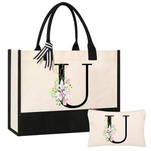 lot 12395 image: AYGE Personalized Initial Canvas Beach Tote, Monogrammed Gifts for Women, Makeup Bag, Birthday Gifts for Sister, Mom, Teacher, Bridesmaid