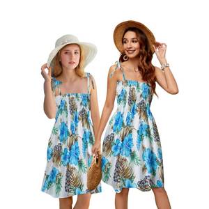 lot 12396 image: Girls Summer Floral Flowers Print Spaghetti Strap Beach Sundress Hawaiian Sun Midi Dress, Blue Flower, 5-6X  Tag 130