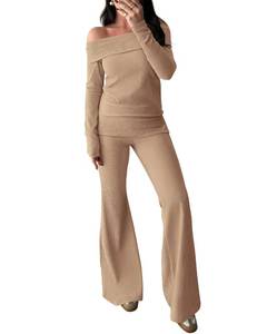 lot 12400 image: PRETTYGARDEN Women 2 Piece Outfits Fall Long Sleeve Off The Shoulder Slit Top Long Flared Pant Set Rib Knit Lounge Sets(Khaki,Large)