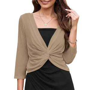 lot 12402 image: Womens Cropped Shrug Cardigan Casual Lightweight Pullover Shrug Cardigan Tulle Twist Knot 34 Sleeve Bolero Shrug Tops Khaki XL