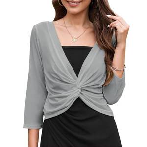 lot 12404 image: Womens Cropped Shrug Cardigan Casual Lightweight Pullover Shrug Cardigan Tulle Twist Knot 34 Sleeve Bolero Shrug Tops Gray L