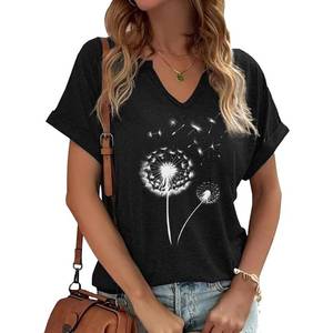 lot 16069 image: Dandelion Shirts Womens Cute V Neck Sunflower Wildflower Flower Lovers Graphic Casual Printed Tee Tops (Size small)