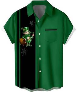 lot 16096 image: Mens 2024 ST Patricks Day Shirts Clover ST Pattys Day Funny Hat Dwarf Green Printed Short Sleeve Button Down Shirt Spirit S (Size small)