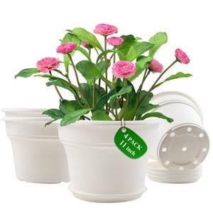 lot 5213 image: 11 Inch Plastic-Flower-Pot-for-Indoor-Plants, 4 Pack Large Outdoor Planter Pot with Drainage Holes & Saucers, Resin Decorative Garden Pots Planters