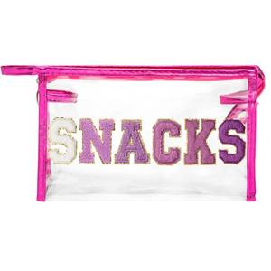 lot 6246 image: Y1tvei SNACKS Clear Makeup Bag - Preppy Patch Purple Chenille Varsity Letter Transparent PVC Large Cosmetic Pouch Portable Waterproof Travel Organizer Toiletry Compliant Bag for Women Girl(Rose Red)