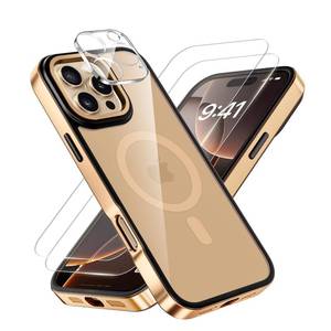 lot 6247 image: Hard Clear Slim Cover Case for iPhone 16 Pro Max Gold  Magnetic, Compatible with MagSafe, 2 Screen Protector, Camera Lens Protector, Military-Grade Shockproof, Anti-Yellow, Anti-Scratch (6 Pack)