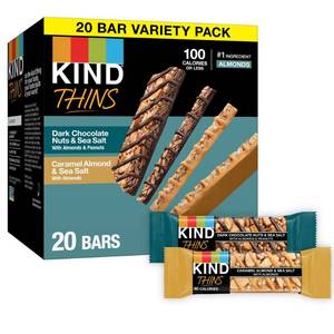 lot 1386 image: KIND Thins Dark Chocolate Nuts and Sea Salt & Caramel Almond and Sea Salt Bars Variety Pack �� 14.8oz20ct