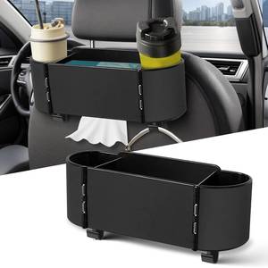 lot 1416 image: 2024 New 3-in-1 Headrest Organizer with 2 Adjustable Cup Holders, Tissue Box and Multifunctional Car Seat Back Storage Hook - Multifunctional Storage (Black)