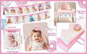 lot 1422 image: Sweet One Birthday Party Decorations, First Birthday Decorations for Girl, Balloon Box Photo Banner Donut Foil Balloon Arch Backdrop Highchair Banner Crown, One Year Old 1st Party Supplies