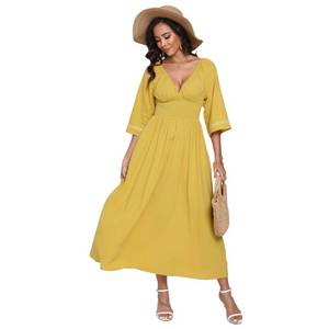 lot 2041 image: Womens Summer Maxi Dress Romantic V-Neck Exaggerated Sleeve, Smocked Bodice Casual Wedding Guest Dress with Pocket (US, Alpha, Large, Regular, Regular, Yellow)