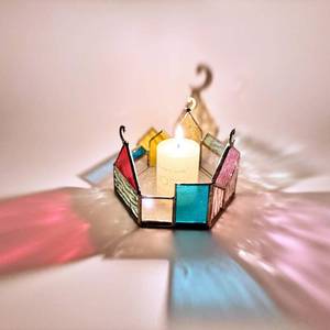 lot 2047 image: Handmade Votive Stained Glass Candle Holder - Castle & Moon Design,1Pack Exquisite ReeGii Tealight Candle Holder,Ideal for Handmade & Stained Glass Lovers (No Candle Included)