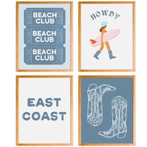 lot 2067 image: BearCake Coastal Cowgirl Granddaughter Wall Art, Blue Preppy Western Cowgirl Howdy Beach Posters, Surf Room Decor, 8x10 Inches Set of 4 Unframed