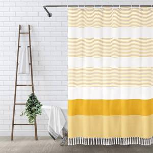 lot 2068 image: Awellife Boho Yellow Shower Curtain for Bathroom Farmhouse Cotton Stripe Tassel Shower Curtain Natural Texture 84 L x 72 W
