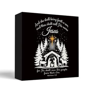 lot 2097 image: EKGJW Birth of Jesus Christmas Wooden Box Sign, Nativity Decor, Jesus Birth Christmas Decor, Christian Christmas Wood Block Sign for Home Office Desk Table Decor, 5x5 Inch