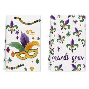lot 2421 image: BOTB LIHM Mardi Gras Fleur De Lis Iris Beads Masquerade Mask Celebration Carnival Kitchen Towels Dish Towels 18x26 Inch Home Decorations Hand Towels Set of 2 Drying Dishcloth