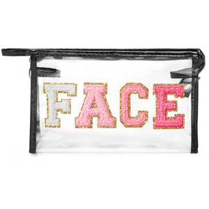 lot 16142 image: Y1tvei Clear FACE Makeup Bag - Preppy Rose Red FACE Chenille Varsity Letter Cosmetic Bag PVC Transparent Zipper Waterproof Beach Makeup Carry Pouch Portable Travel Toiletry Organizer for Women(Black)