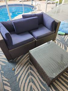 lot 905 image: Phi Villa 3 pc patio set with 2 chairsloveseat, table with glass top and cushions2w