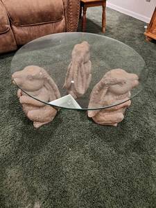 lot 1008 image: Bunny trio glass table top 16.5 x 30 dia, located in basement