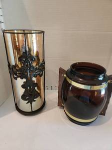 lot 1032 image: Siesta Ware glass barrel mug and metal & glass candleholder 12.5 in tall