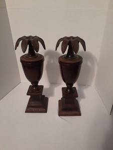 lot 1100 image: Carved Wooden Palm Tree Candle Stick Holders. Pair. Approximately 14 inches tall.  Heavy