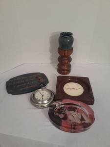 lot 1102 image: Miscellaneous Home Decor.  Ashtrays,  Golf Sign, Clock and More