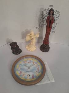 lot 1105 image: Various Angel Decor.  Angelstar, Hide a Key, Clock and Wooden Angel(15 inches tall)
