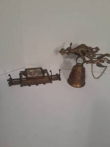 lot 1108 image: Brass Wall Hook Rack with Squirrel Print and Decorative Brass Bell
