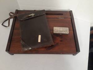 lot 1110 image: Antique Leather Portfolio Case, Antique Gillette Razor for Military with Wooden Writing Slope Box.