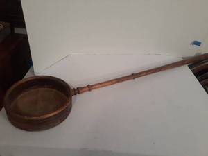 lot 1114 image: Antique Wooden Long-Handled Warming Pan.  44 inches long and 8 inches diameter