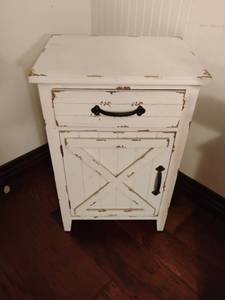 lot 1144 image: White Farmhouse Style Nightstand with X-Pattern Door  One Drawer with Bottom Storage.  27 x 17.5 x 13.5
