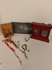 lot 1156 image: Post Office Box Door Bank #236 with Combination Lock, Various Religious Jewelry and Rosaries, Tray and Picture Frame