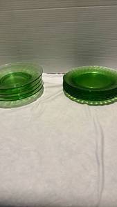 lot 1201 image: Green Depression Glass Dessert Plates Sets - One set of 4, and one set of 6