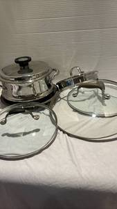 lot 1205 image: Steamer pan (no bottom pan), pie plate and Miscellaneous lids