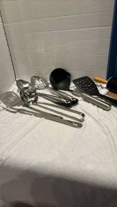 lot 1223 image: Stainless Steel Kitchen Utensils plus a rolling pin in wooden holder