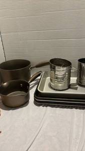 lot 1238 image: Pans, Cookie sheets and sifters