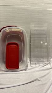lot 1246 image: Rubbermaid Food Storage Containers with Red Lids and a plastic refrigerator organizer
