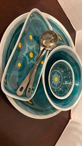 lot 1255 image: Food Network Ceramic Bowl Set with Floral Pattern - Turquoise and White Platter is 19 inch, Serving Spoons and more