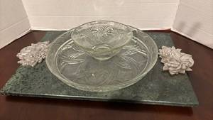 lot 1259 image: Crystal Glass Bowl with attached Boel with Silver Fruit Ornaments on Green Marble Serving Platter