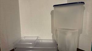 lot 1263 image: Food Storage Container 3 Piece 16x6 Set, Pitcher with Blue Lid and another Pitcher