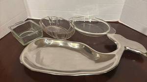 lot 1266 image: Clear Glass Serving Platters and 18 inch Metal Whale Tray