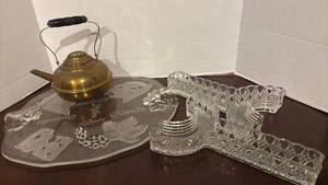 lot 1267 image: Brass Tea Kettle, Glass Cheese Serving Platter and Crystal Relish Tray Set