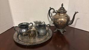 lot 1270 image: Silverplate Tea Service Set with Ornate Serving Tray and Pewter Pitcher