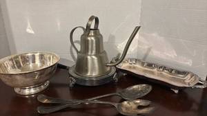 lot 1273 image: Silver Serving Set with Teapot, Gorham Bowl, Tray and Utensils
