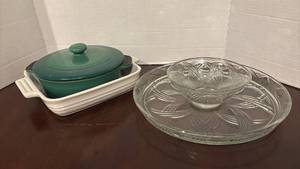 lot 1275 image: Parini Green Ceramic Bakeware Set with Glass Serving Platter and Lecreuse Baking Dish