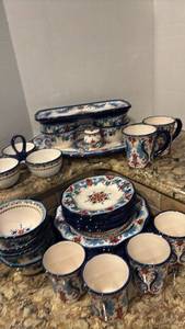 lot 1277 image: Hand-Painted Italian Ceramic Dinnerware Set with Blue Floral Pattern by Espana Lifestyle