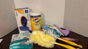 lot 1309 image: Cleaning Supply Bundle - Clorox Wipes, Gloves, Dusters